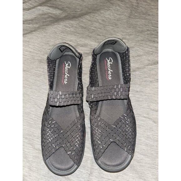 Skechers Gray Woven Stretch Knit Open Toe Comfort Casual Wedge Sandals Size 9.5 - Picture 4 of 8
